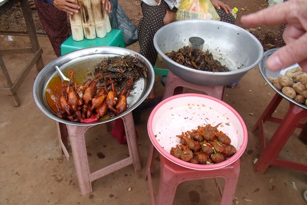 Crickets for sale in a Cambodian food market
