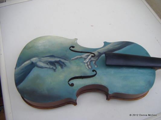 Violin art, oil painting on a violin, the creation of adam