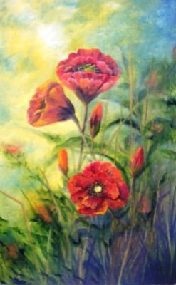 Award winning oil painting - Donna McGee - Large poppies, orange flowers, sunlight and flowers oil painting. 4th Place Overall Category LST